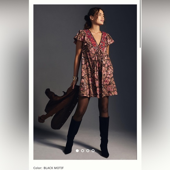 By Anthropologie Ruffled Tunic Dress Black Motif Short Sleeve Mini Size L - Picture 1 of 11